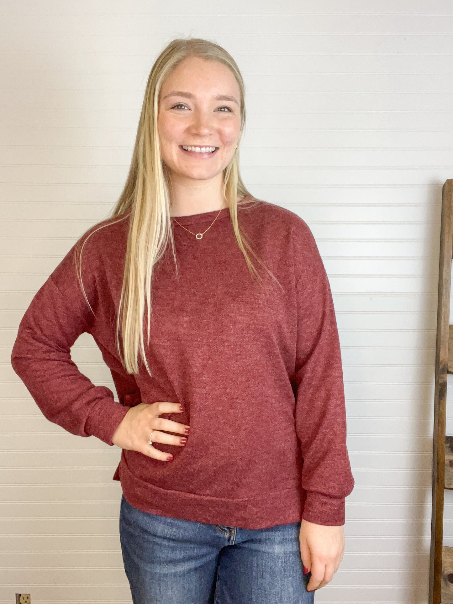 Long Sleeve Side Ribbon Top - Wine