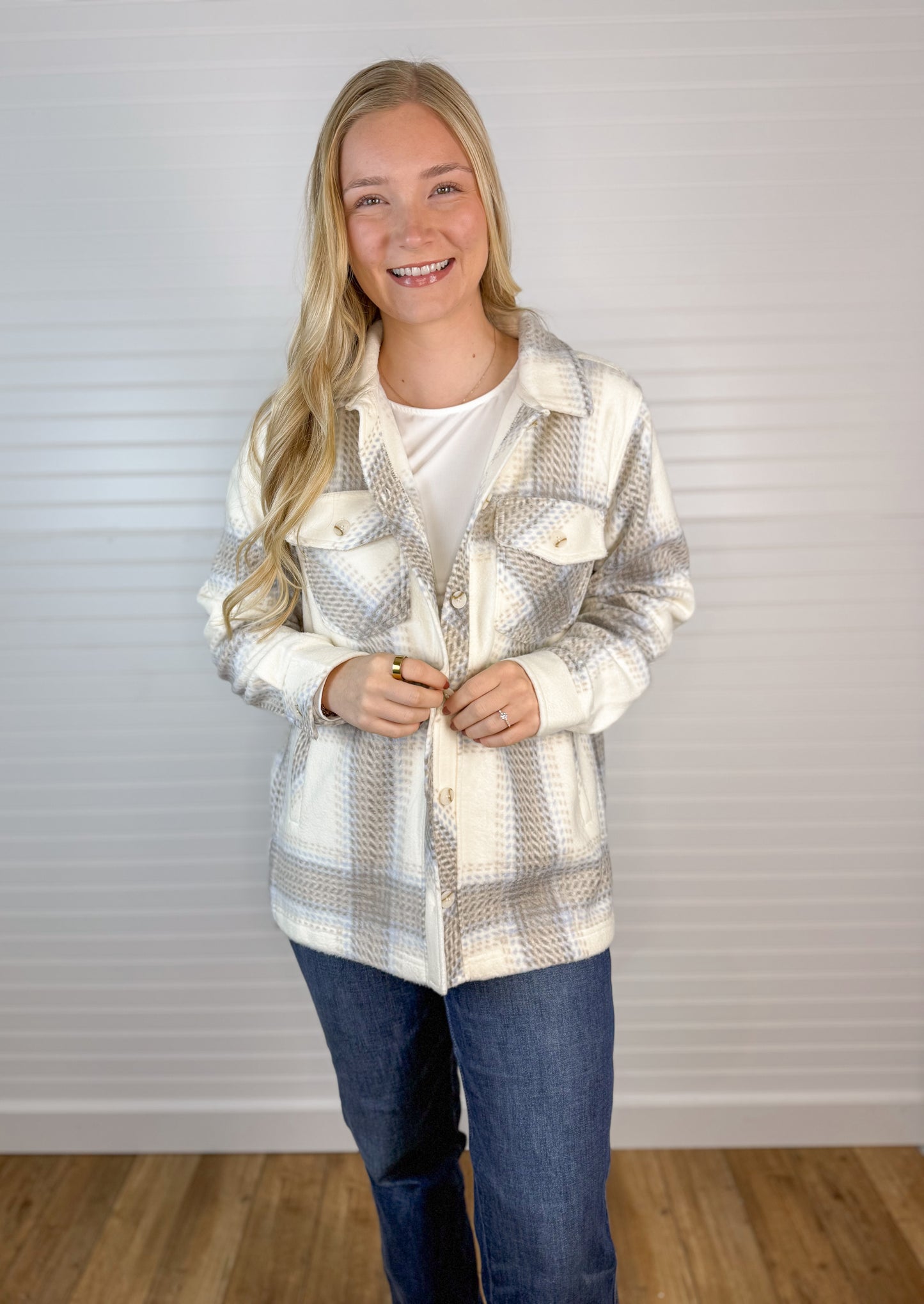 Cozy Fleece Plaid Shacket - Ivory/Taupe
