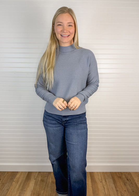 Ribbed Mock Neck Sweater - Cloud Blue