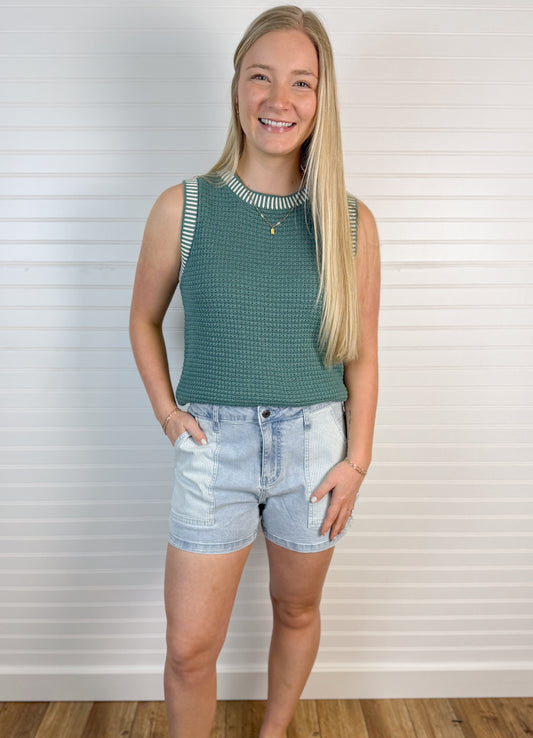 Cotton Blend Stripe Contrast Shorts - Blue/White