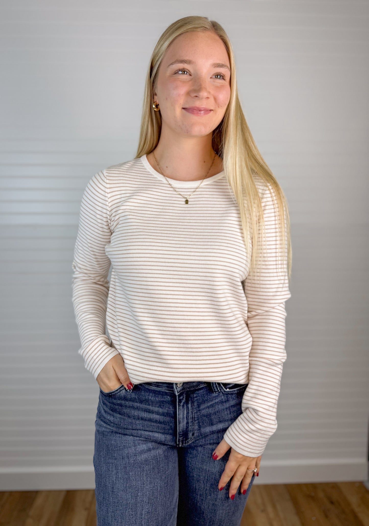 Pinstriped Sweater Long Sleeve - Taupe/Ivory