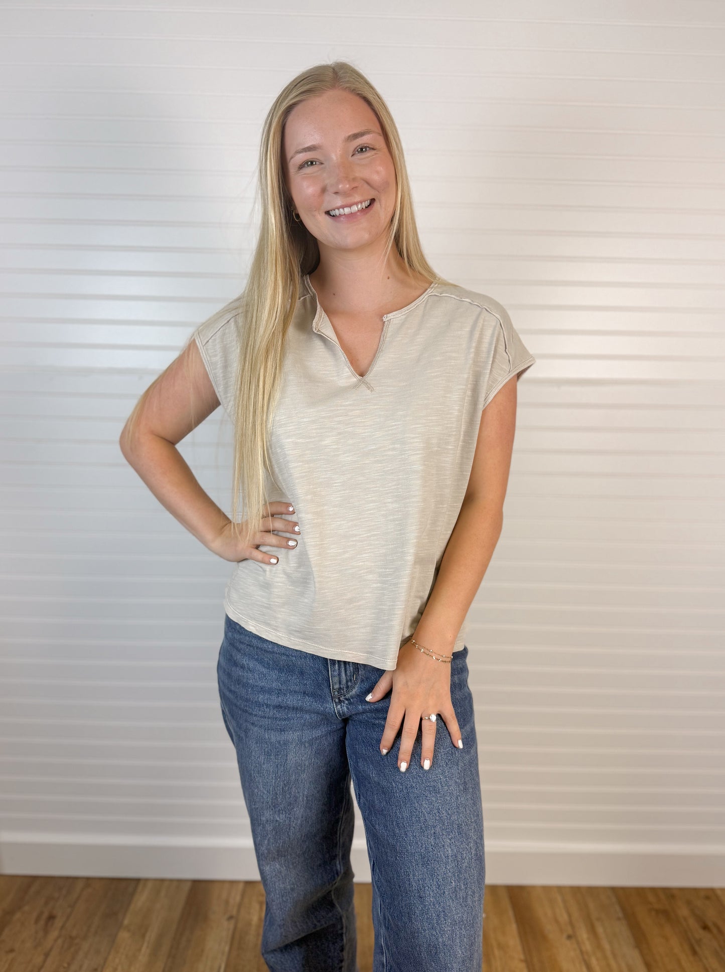 Garment Dyed Split Neck Cotton Tee - Stone