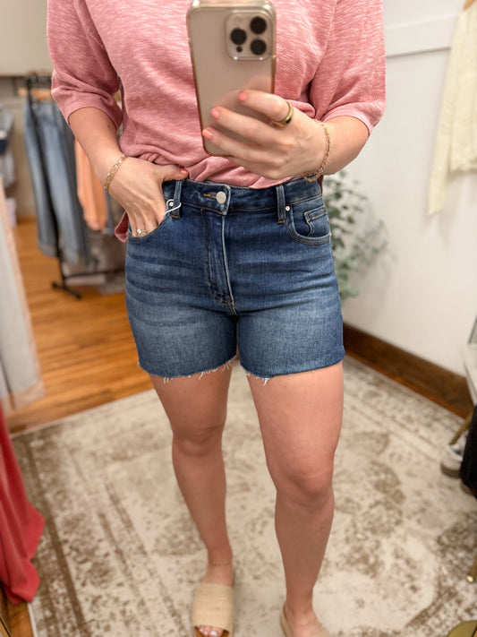 High Rise Raw Hem Denim Shorts