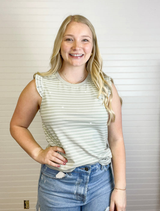 Floral Embroidered Ruffle Tank - Sage