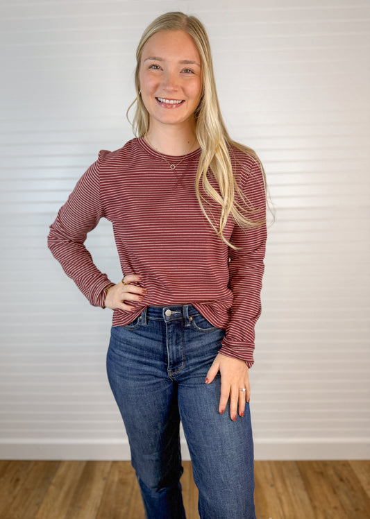 Striped Knit Long Sleeve - Wine/Ecru