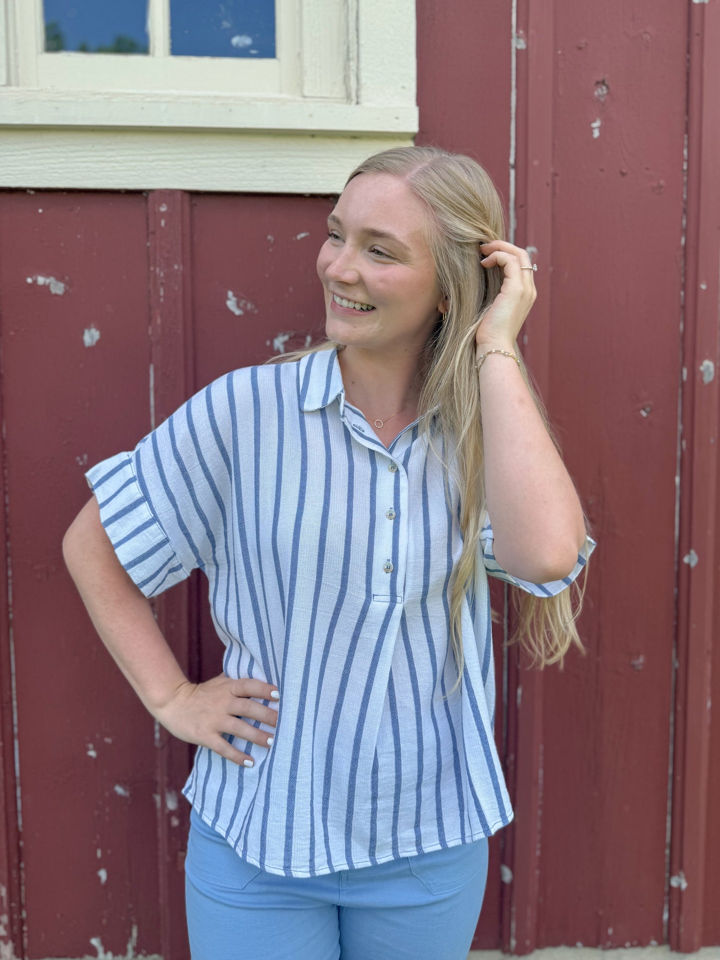 Short Sleeve Striped Linen Top - Blue/Off White