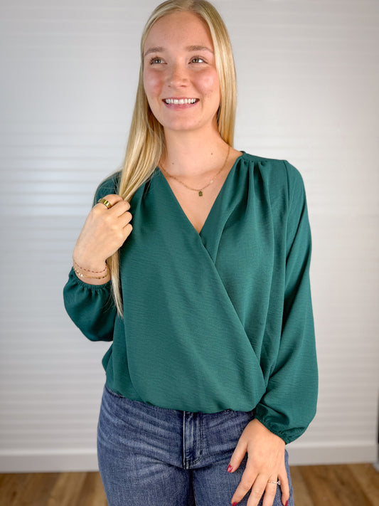 Surplice Long Sleeve Blouse - Hunter Green