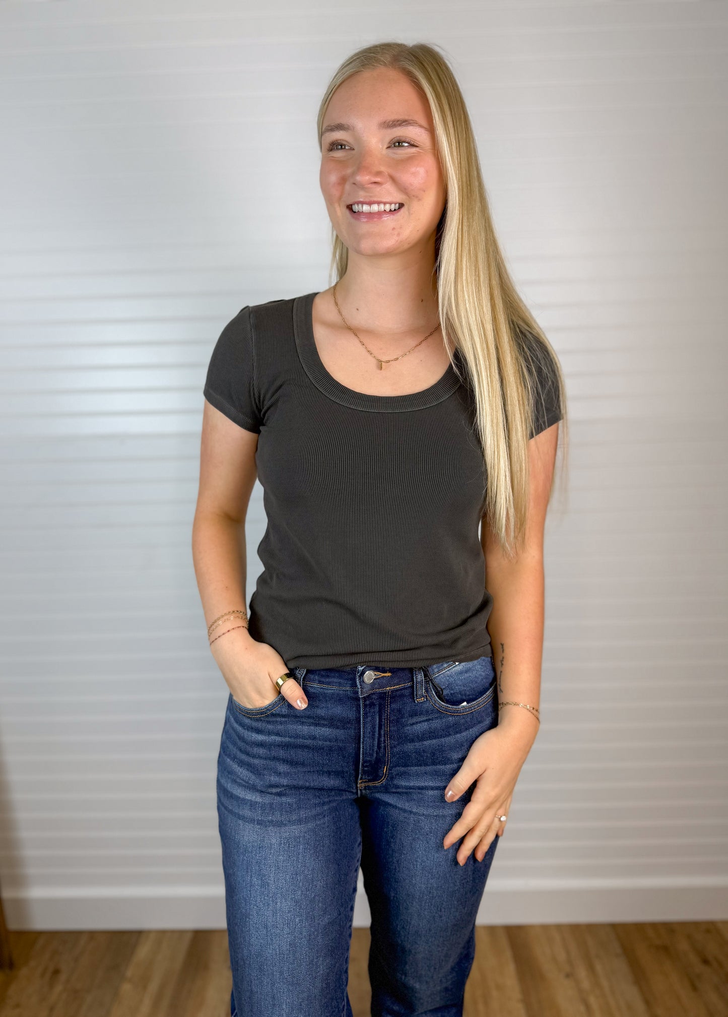 Ribbed Scoop Neck Tee - Charcoal