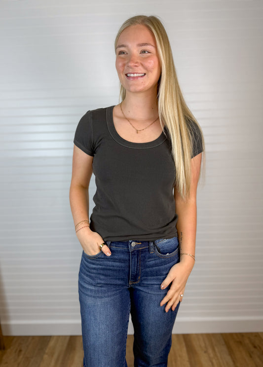 Ribbed Scoop Neck Tee - Charcoal