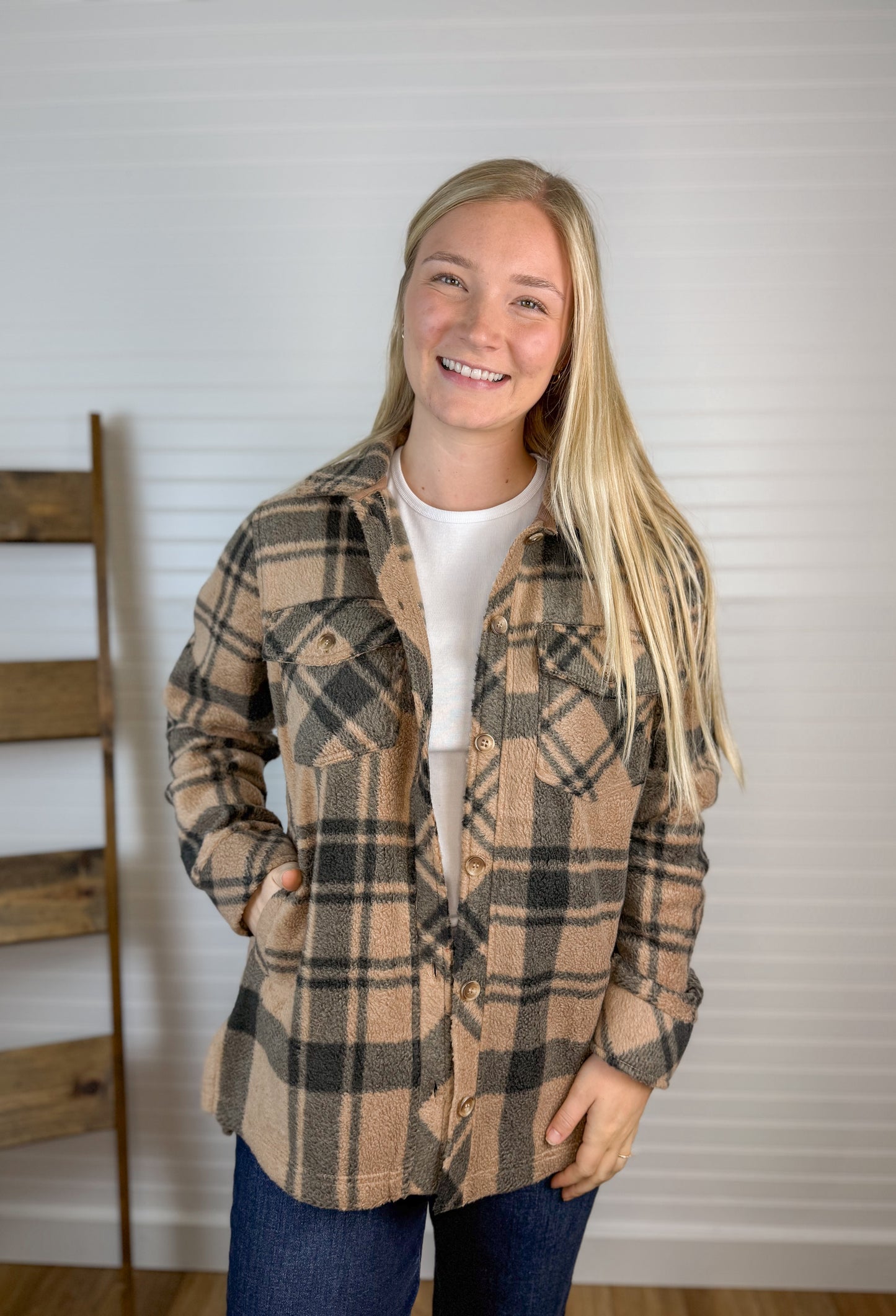 Cozy Fleece Plaid Shacket - Caramel/Black