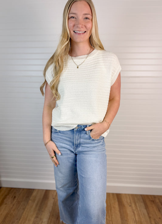 Textured Knit Cap Sleeve Top - Off White