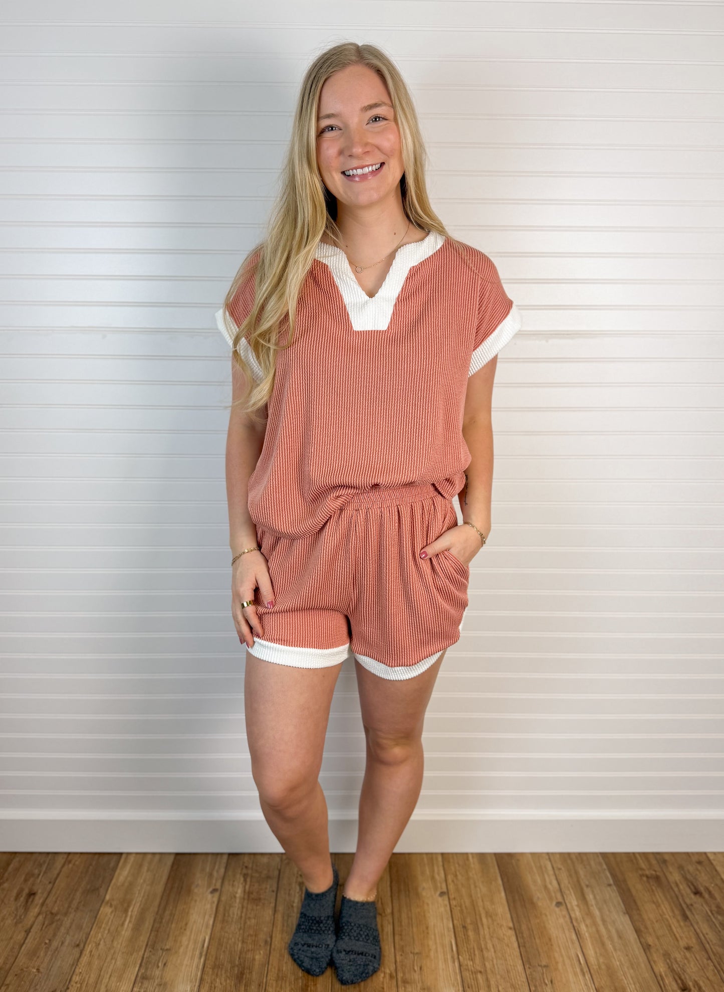 Contrast Ribbed Knit Set - Salmon