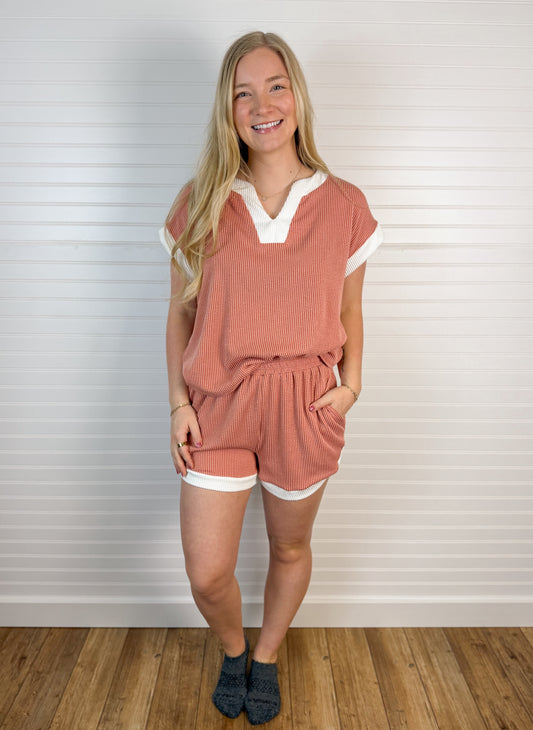 Contrast Ribbed Knit Set - Salmon