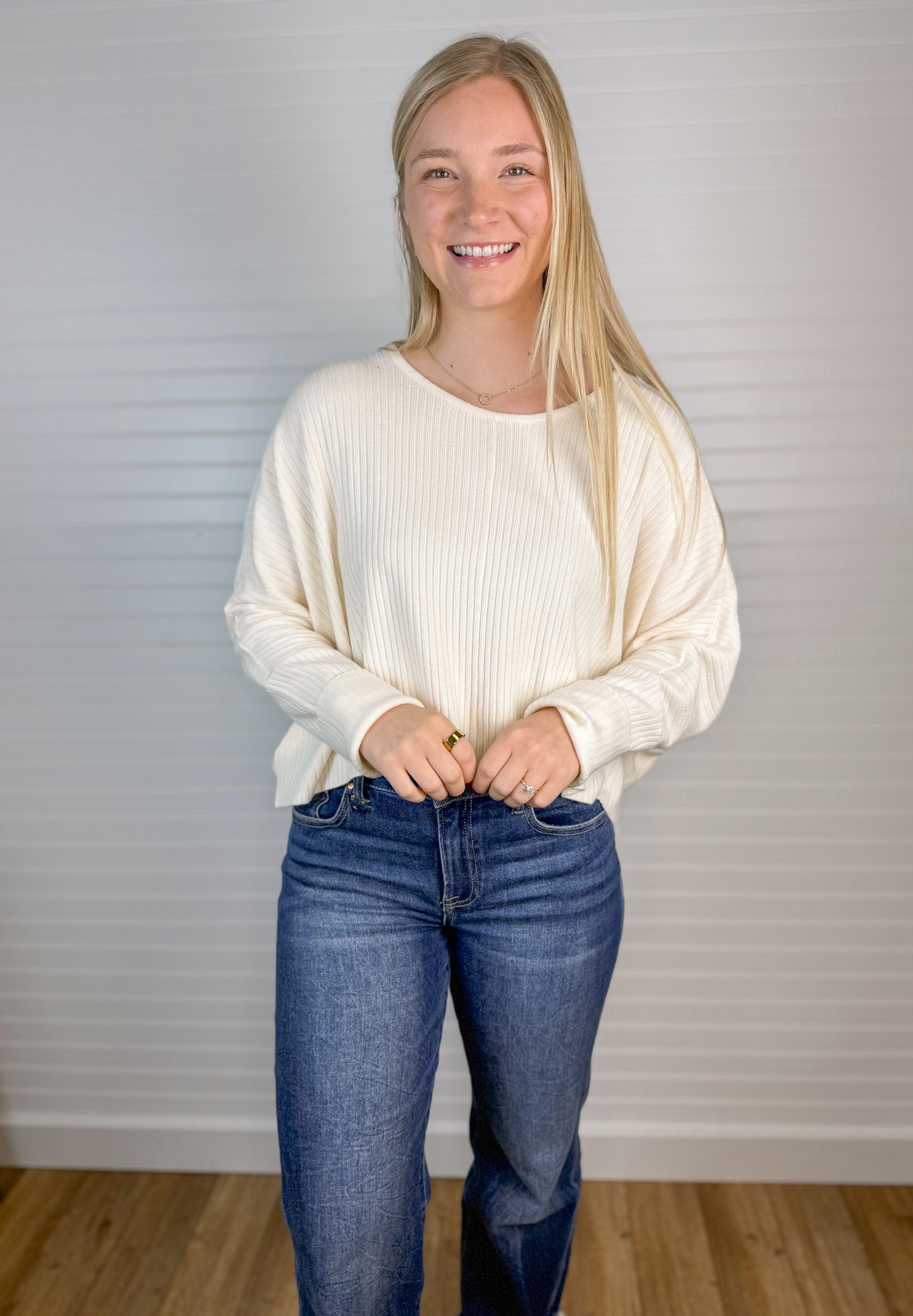 Ribbed Knit Round Neck Sweater - Cream