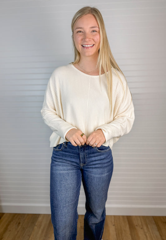 Ribbed Knit Round Neck Sweater - Cream