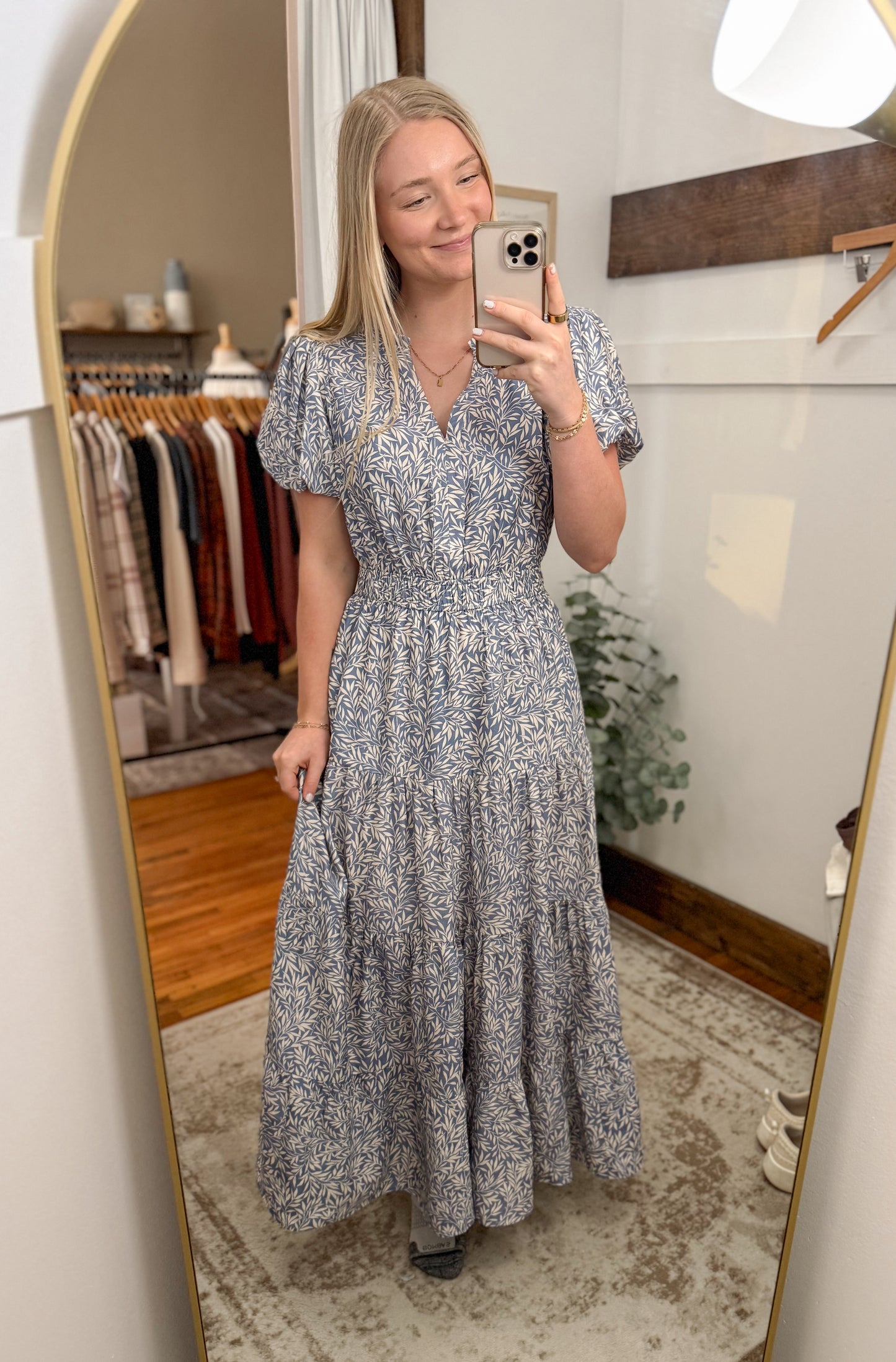 Leaf Flowy Bubble Sleeve Maxi Dress - Blue