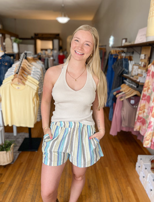 Elastic Waist Striped Shorts - Blue/Green