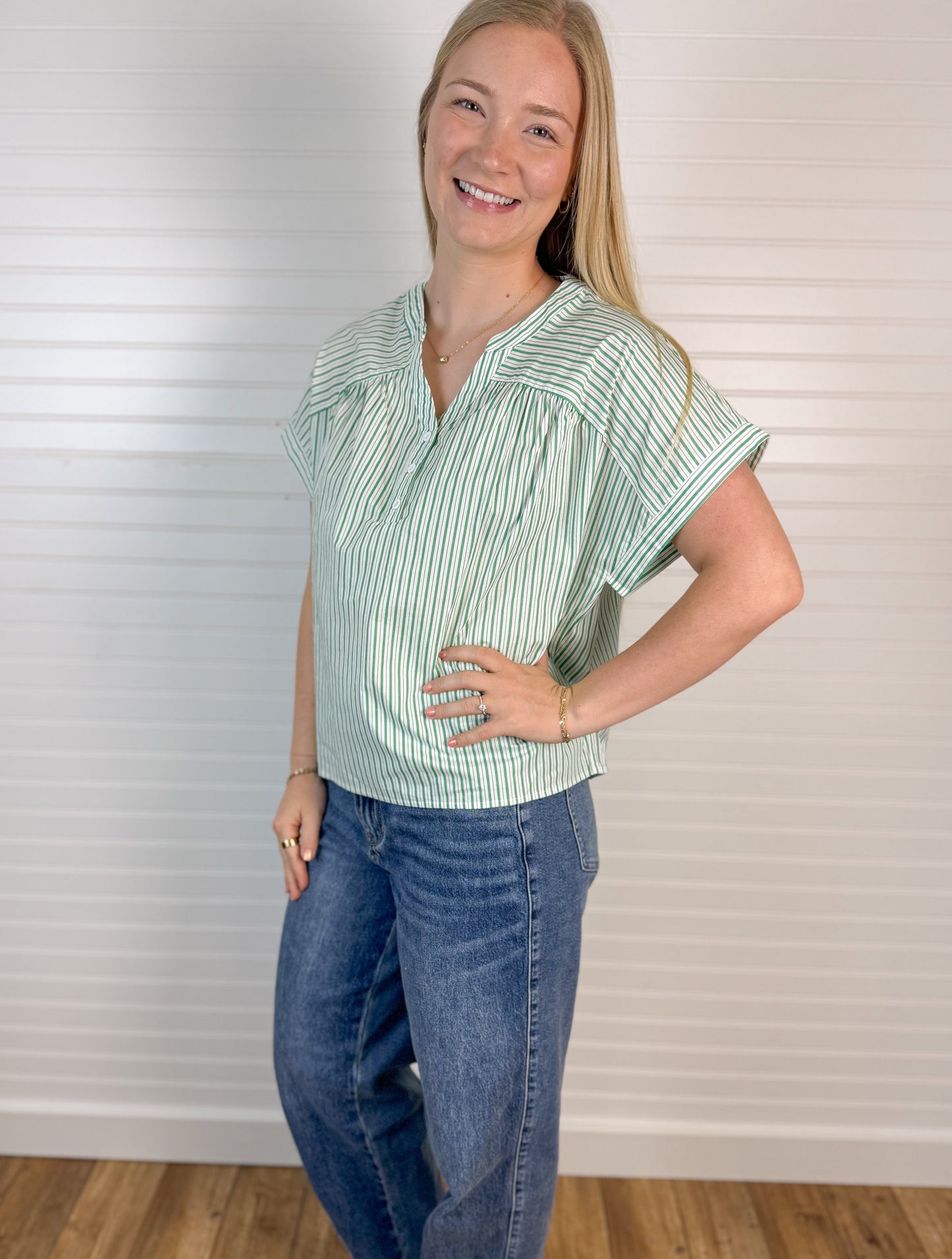 Striped Drop Shoulder Cotton Blouse - Green