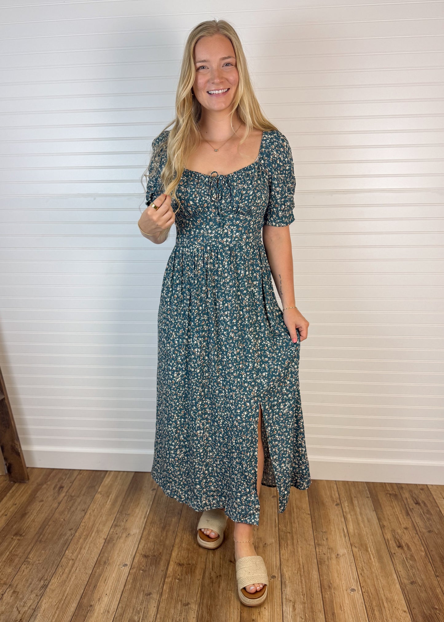 Ruched Chest Ditsy Midi Dress - Teal