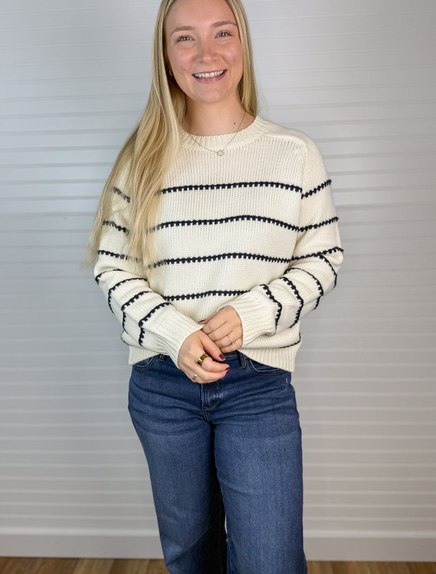 Stitch Striped Crewneck Sweater - Navy/Ivory