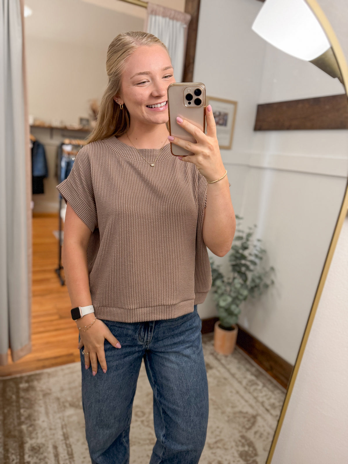 Raised Rib Cap Sleeve Top - Mocha