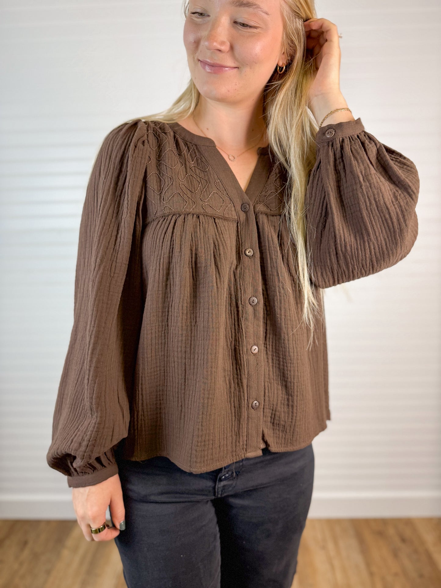 Embroidered Cotton Gauze Blouse - Brown