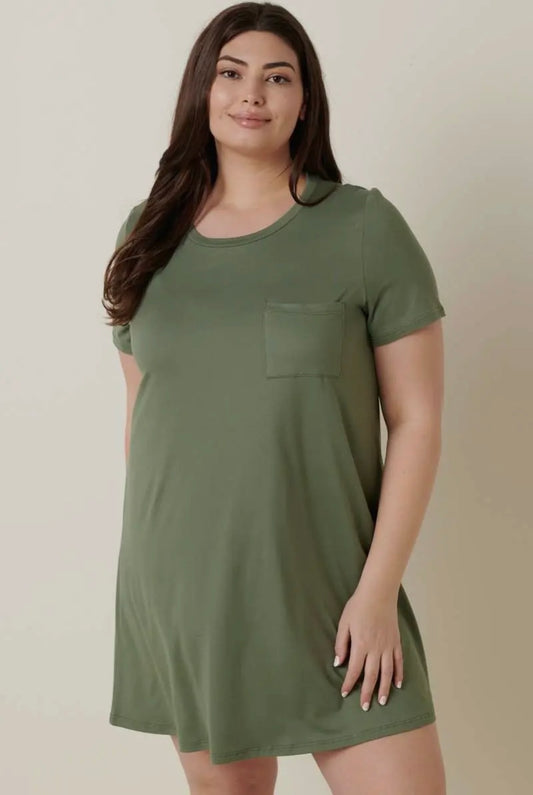 PLUS Front Pocket Short Sleeve Dress - Army Green