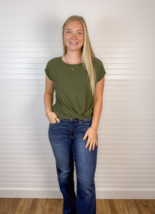 Twist Front Short Sleeve Blouse - Olive