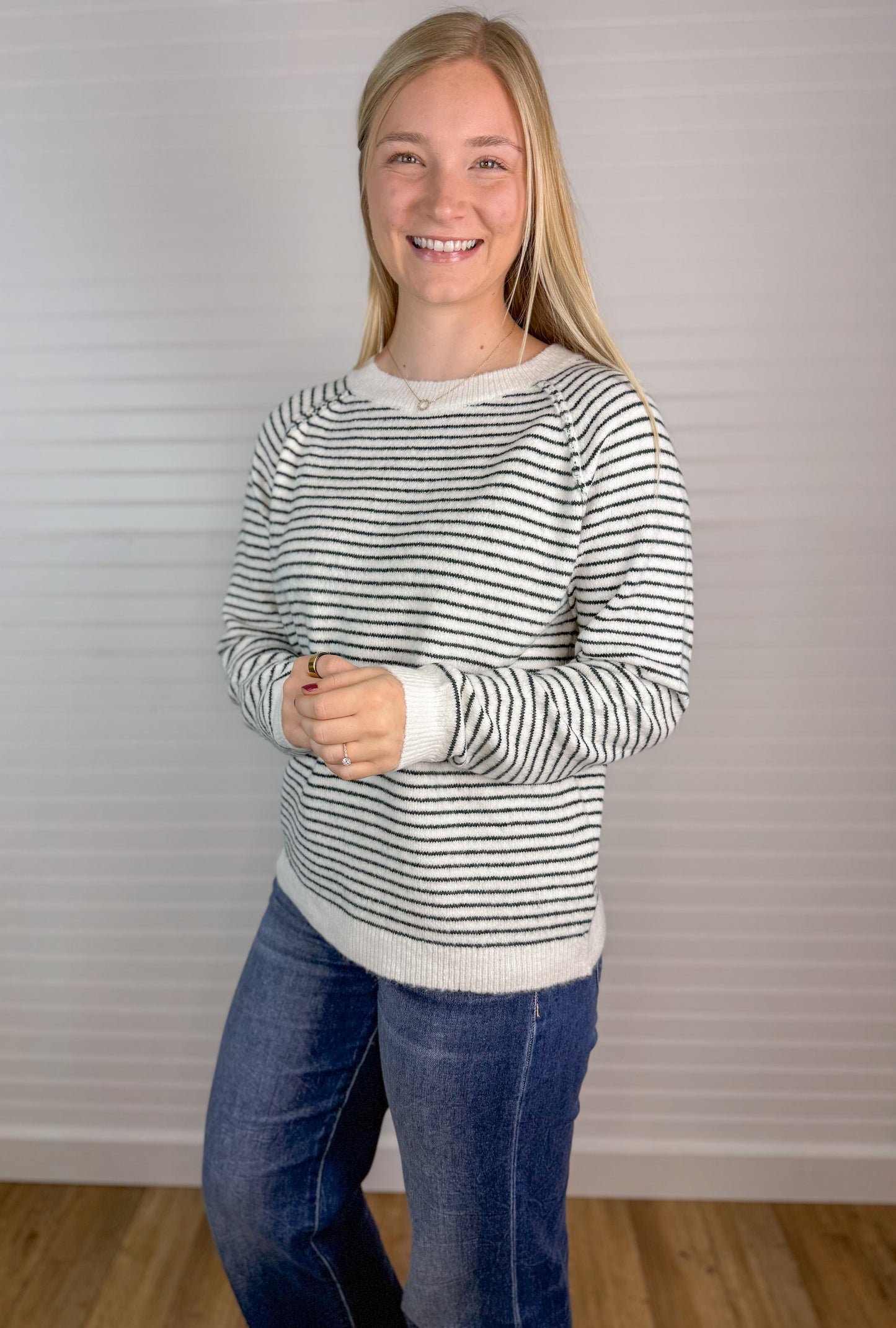 Striped Soft Raglan Sweater - Forest
