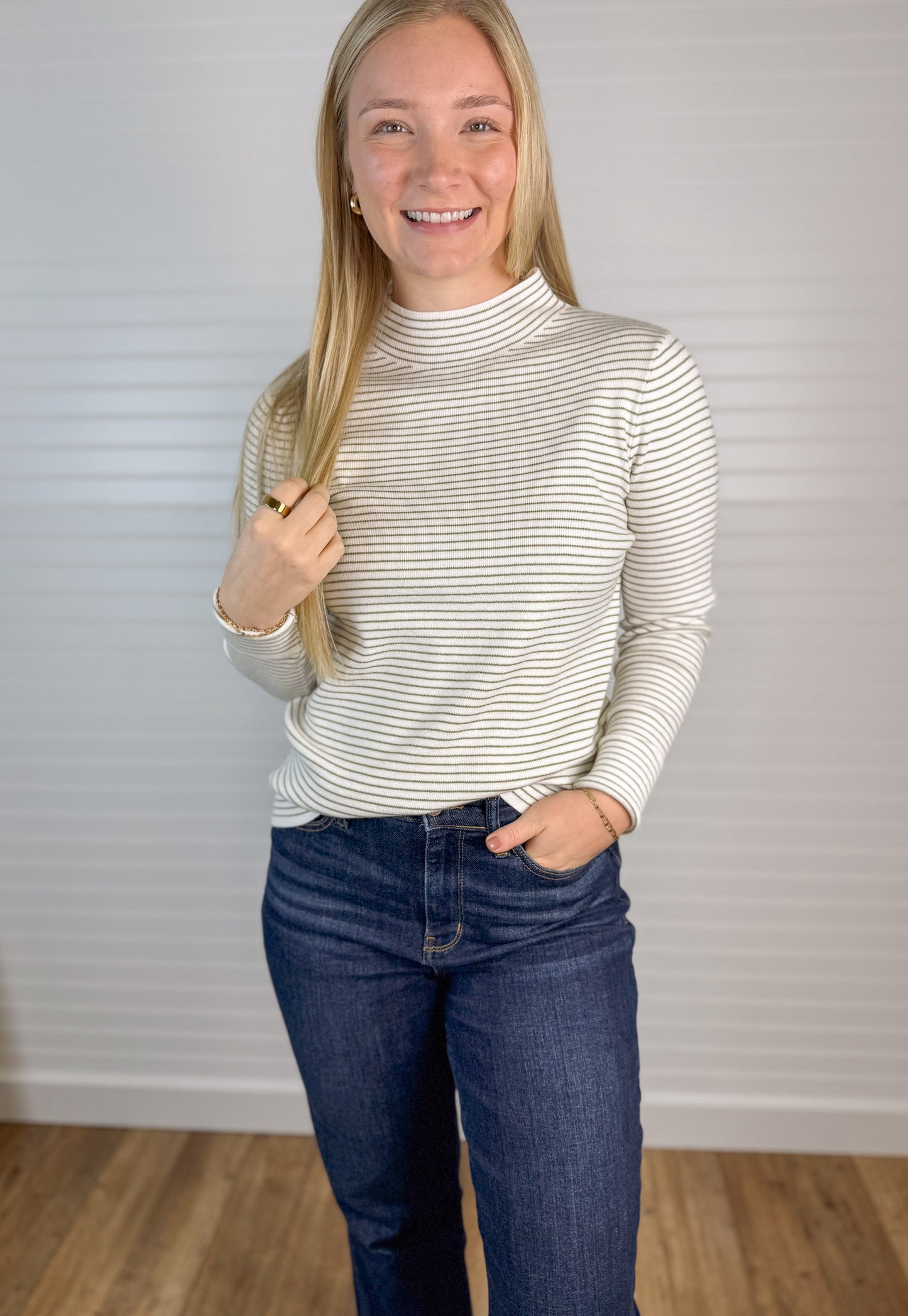 Pinstriped Knit Mock Neck - Ivory/Olive