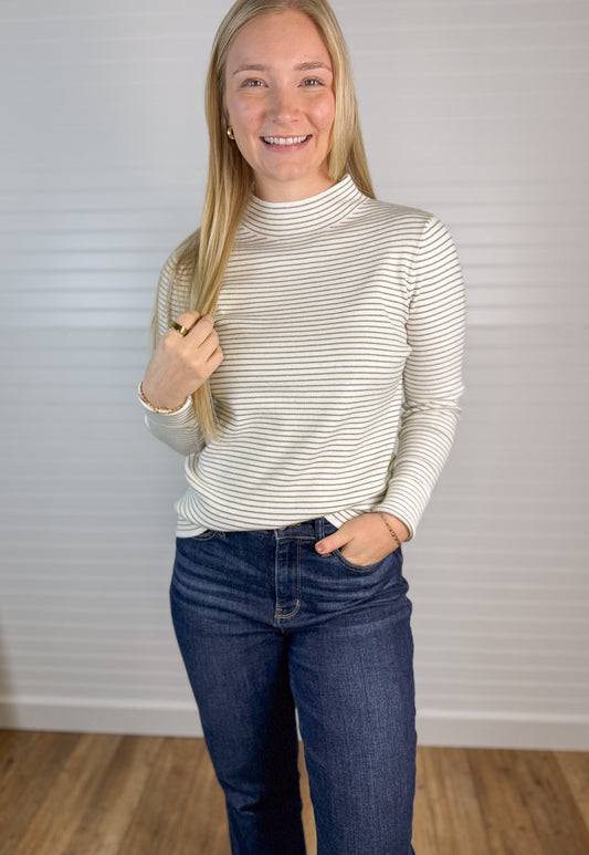 Pinstriped Knit Mock Neck - Ivory/Olive