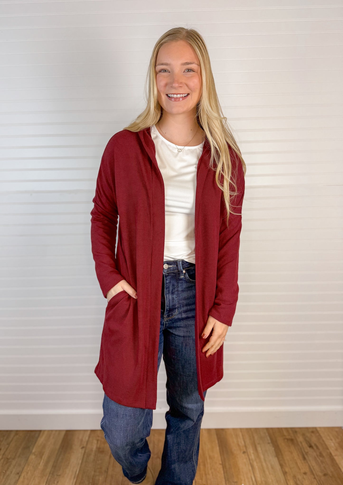 Ribbed Side Pocket Hooded Cardigan - Burgundy