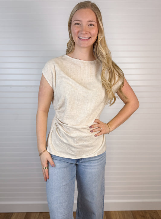 Short Sleeve Waist Shirring Detail Top - Oatmeal