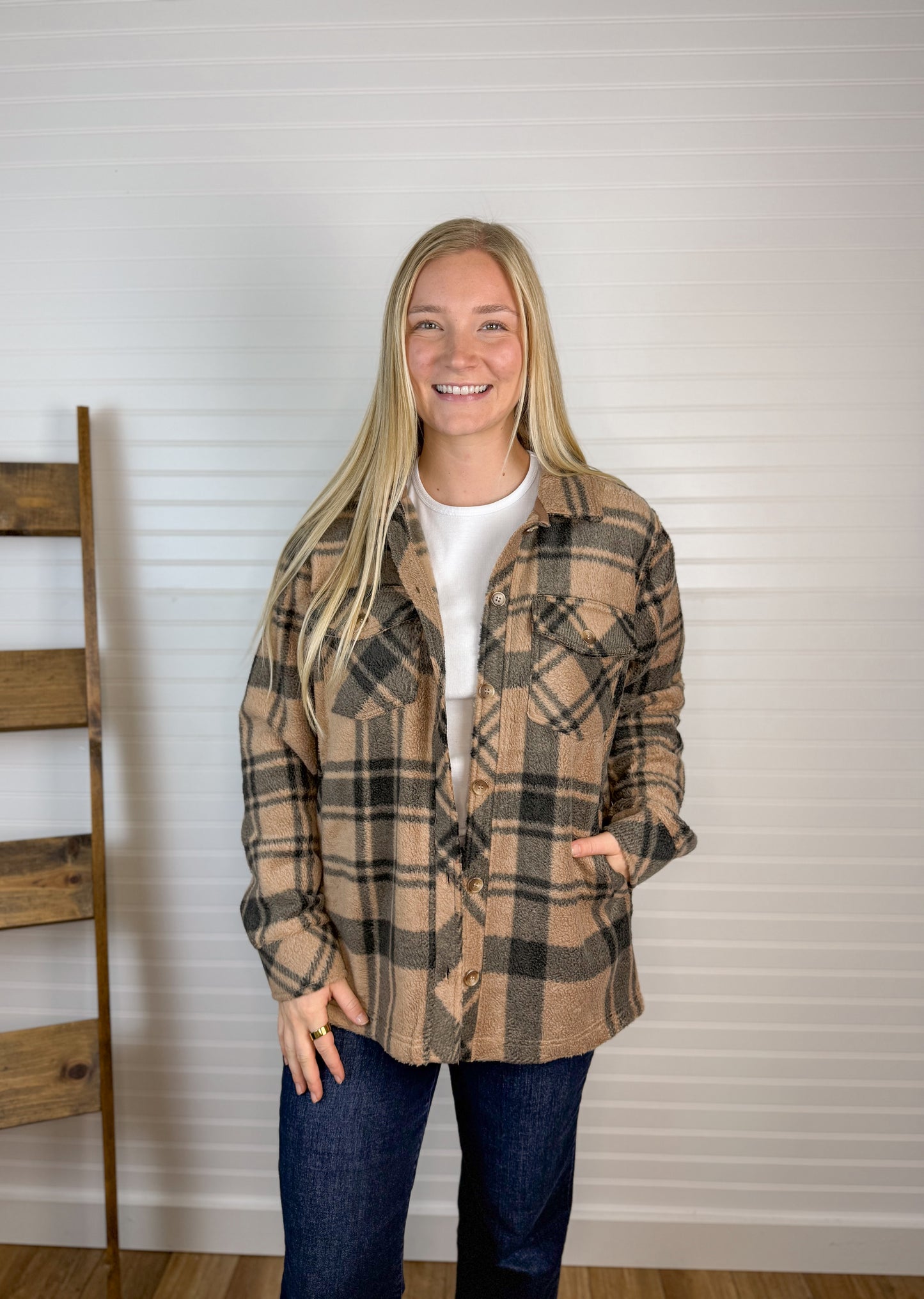 Cozy Fleece Plaid Shacket - Caramel/Black