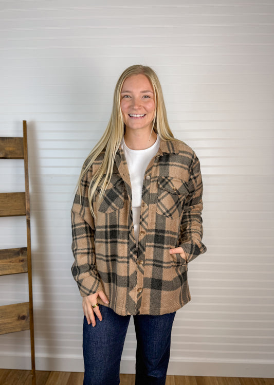 Cozy Fleece Plaid Shacket - Caramel/Black