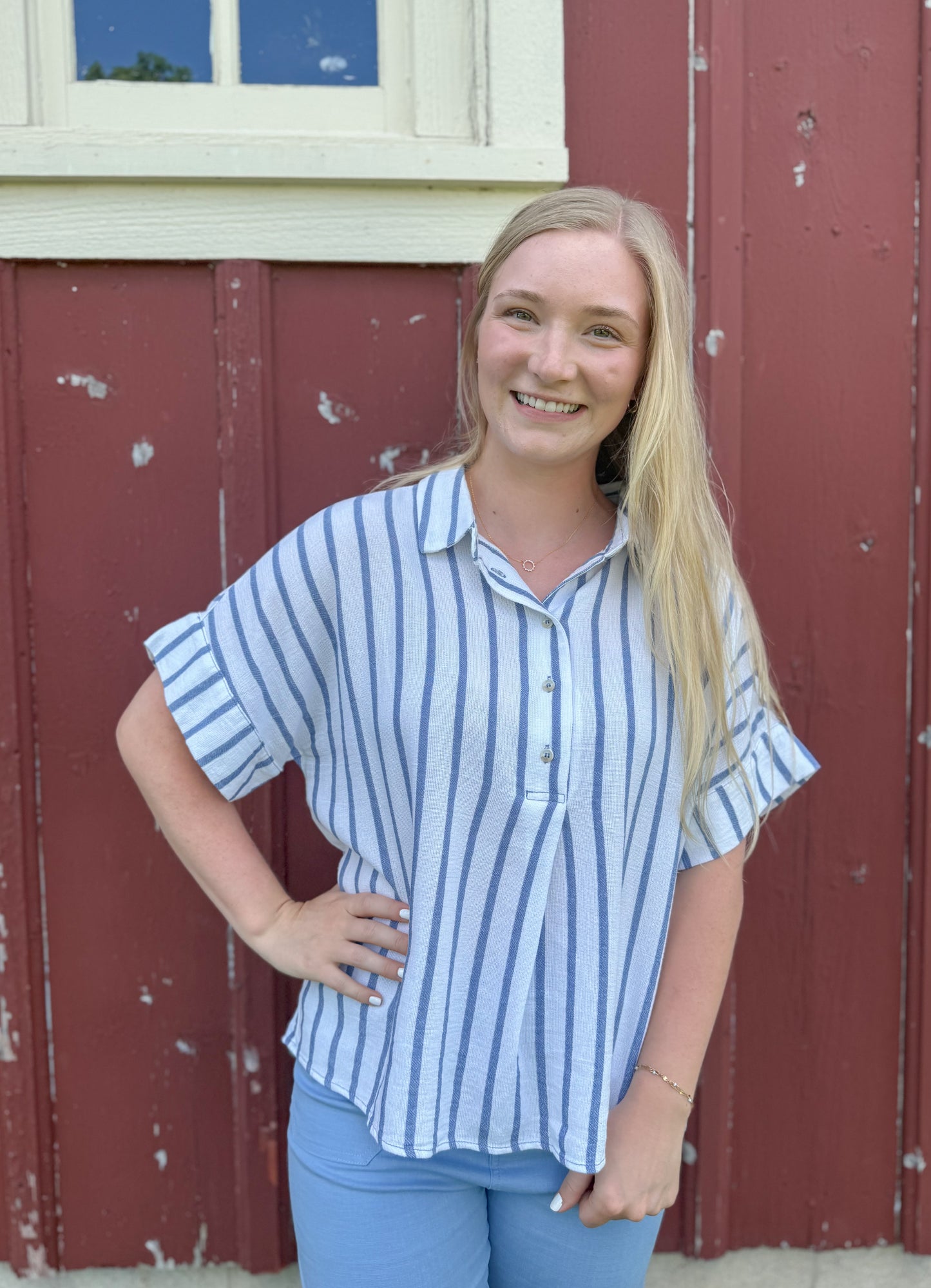 Short Sleeve Striped Linen Top - Blue/Off White