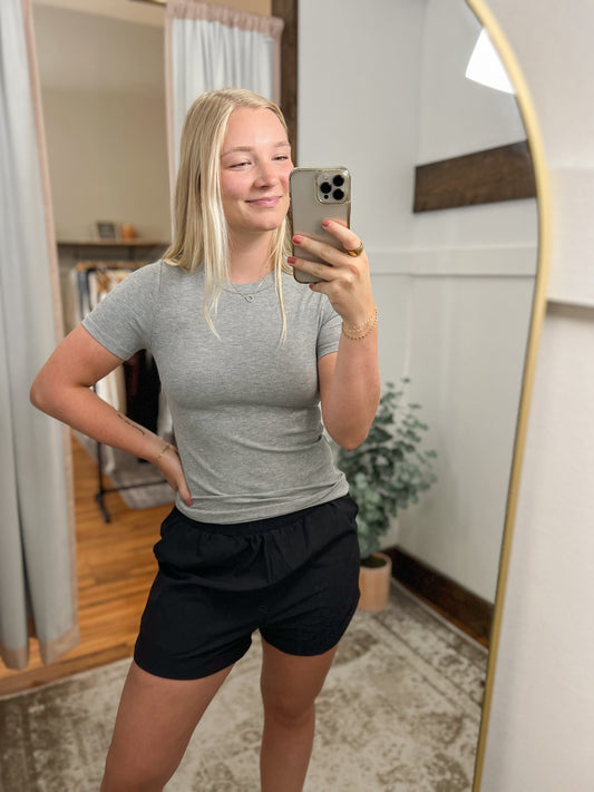 Ribbed Athleisure Fitted Top - Heather Grey