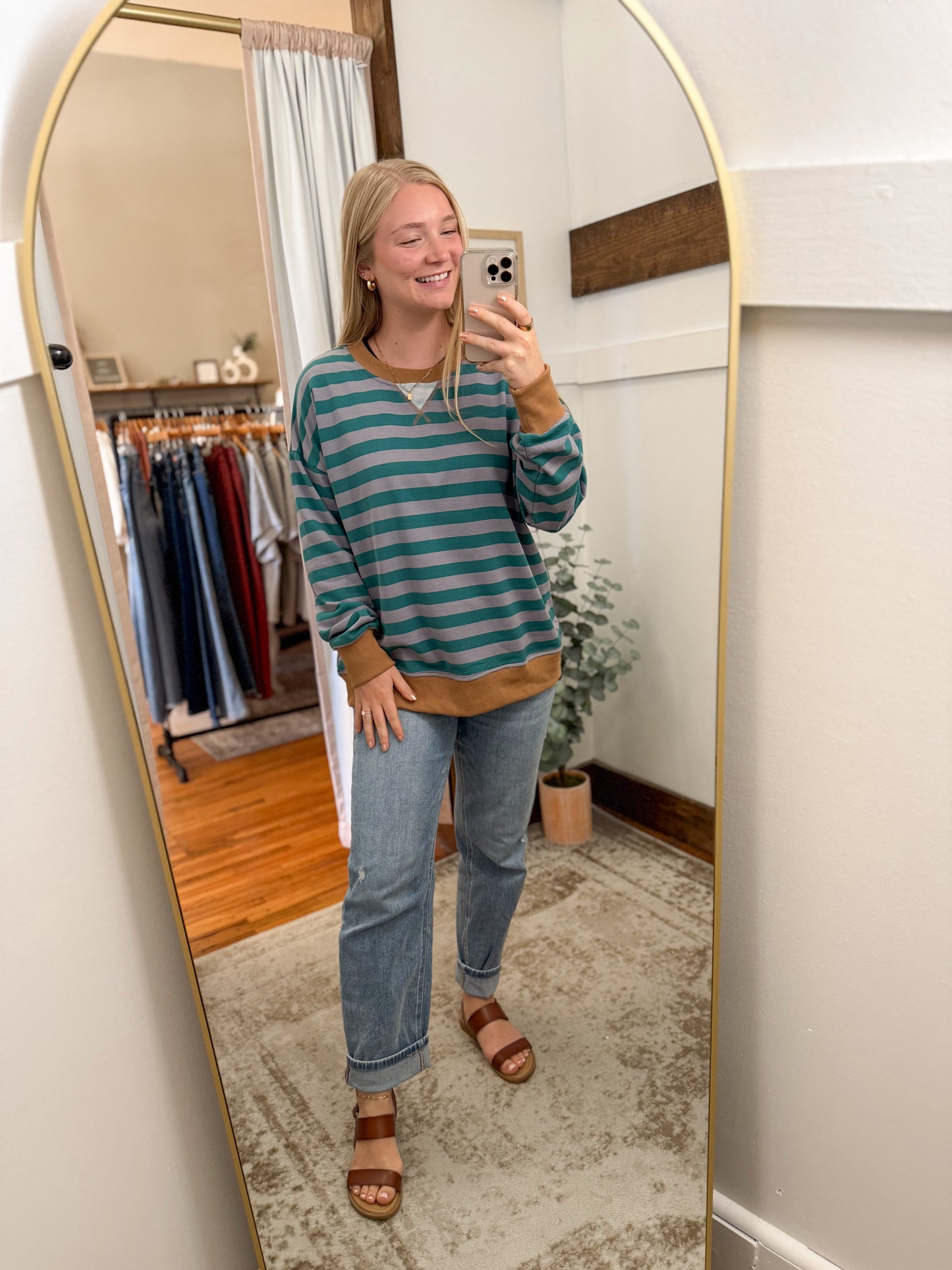 Color Contrast Stripe Pullover -  Teal/Caramel