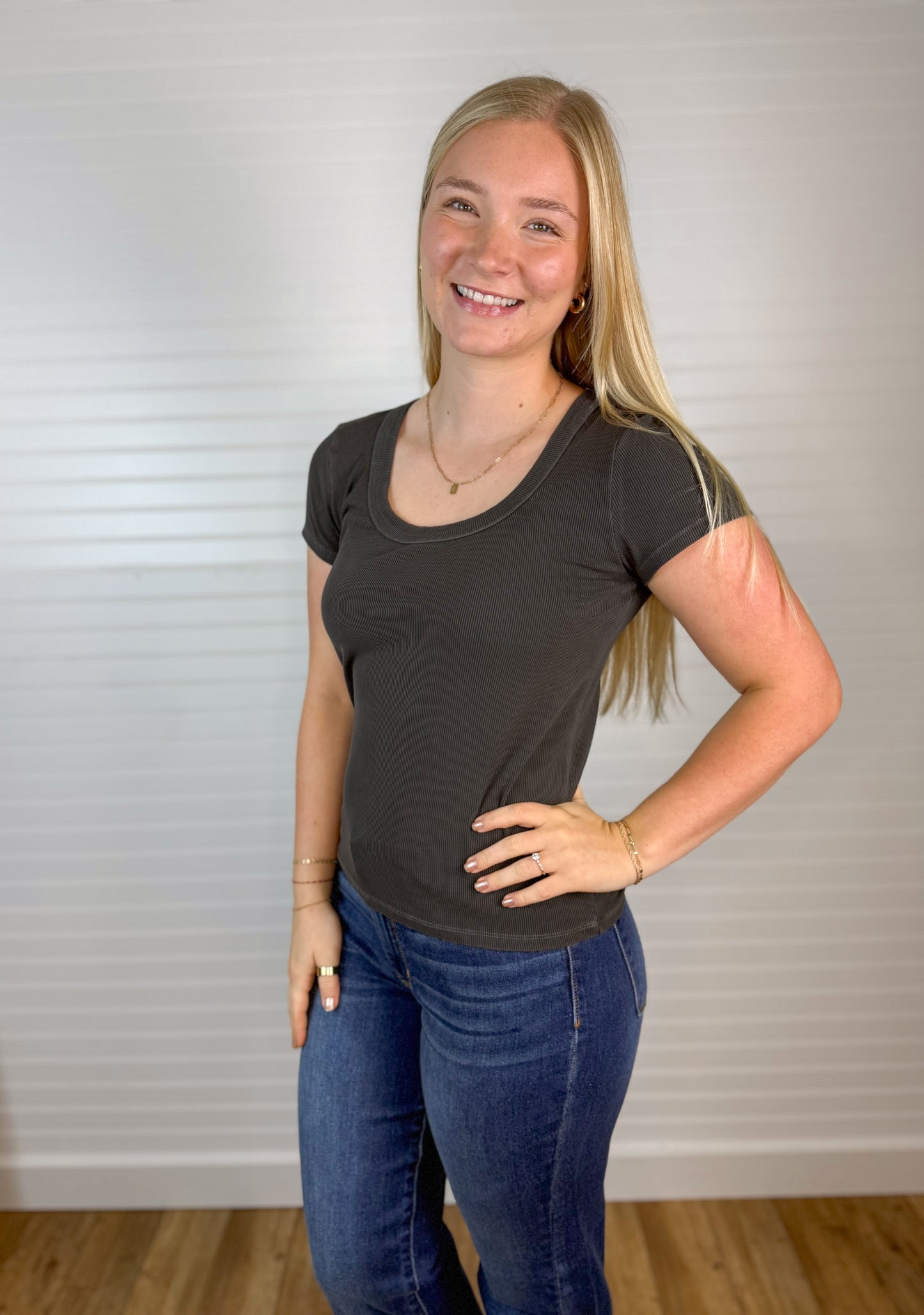 Ribbed Scoop Neck Tee - Charcoal