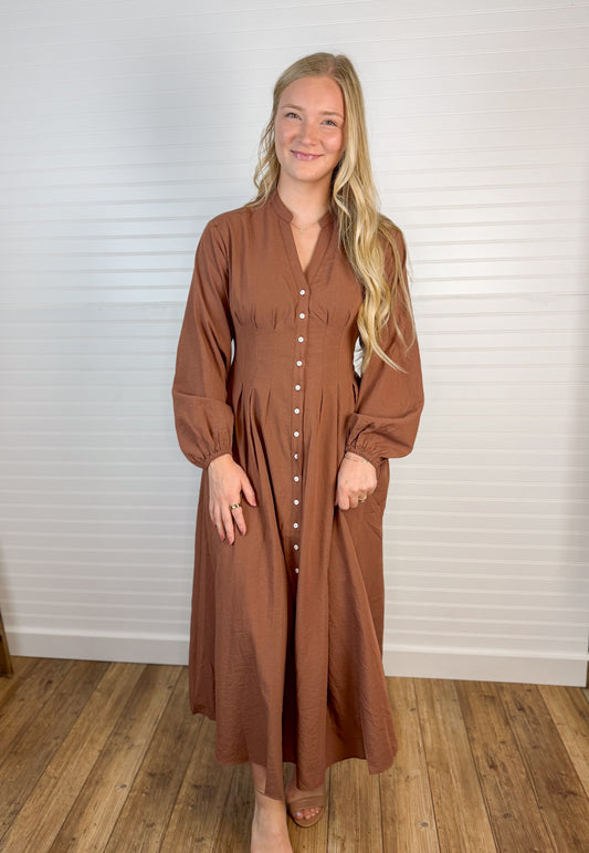 Classy Button Down Maxi Dress - Camel