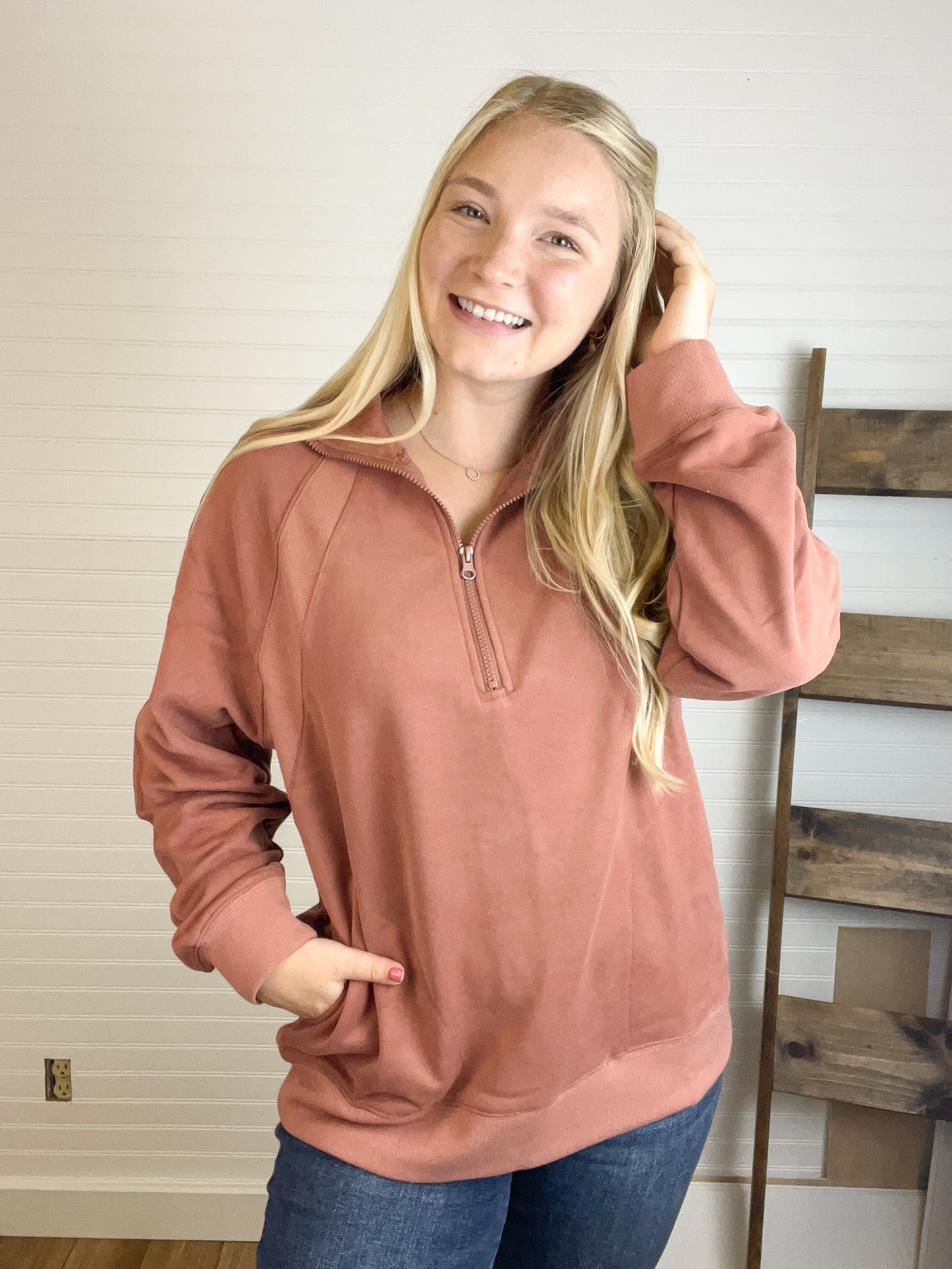 Oversized Half-Zip Sweatshirt - Mauve