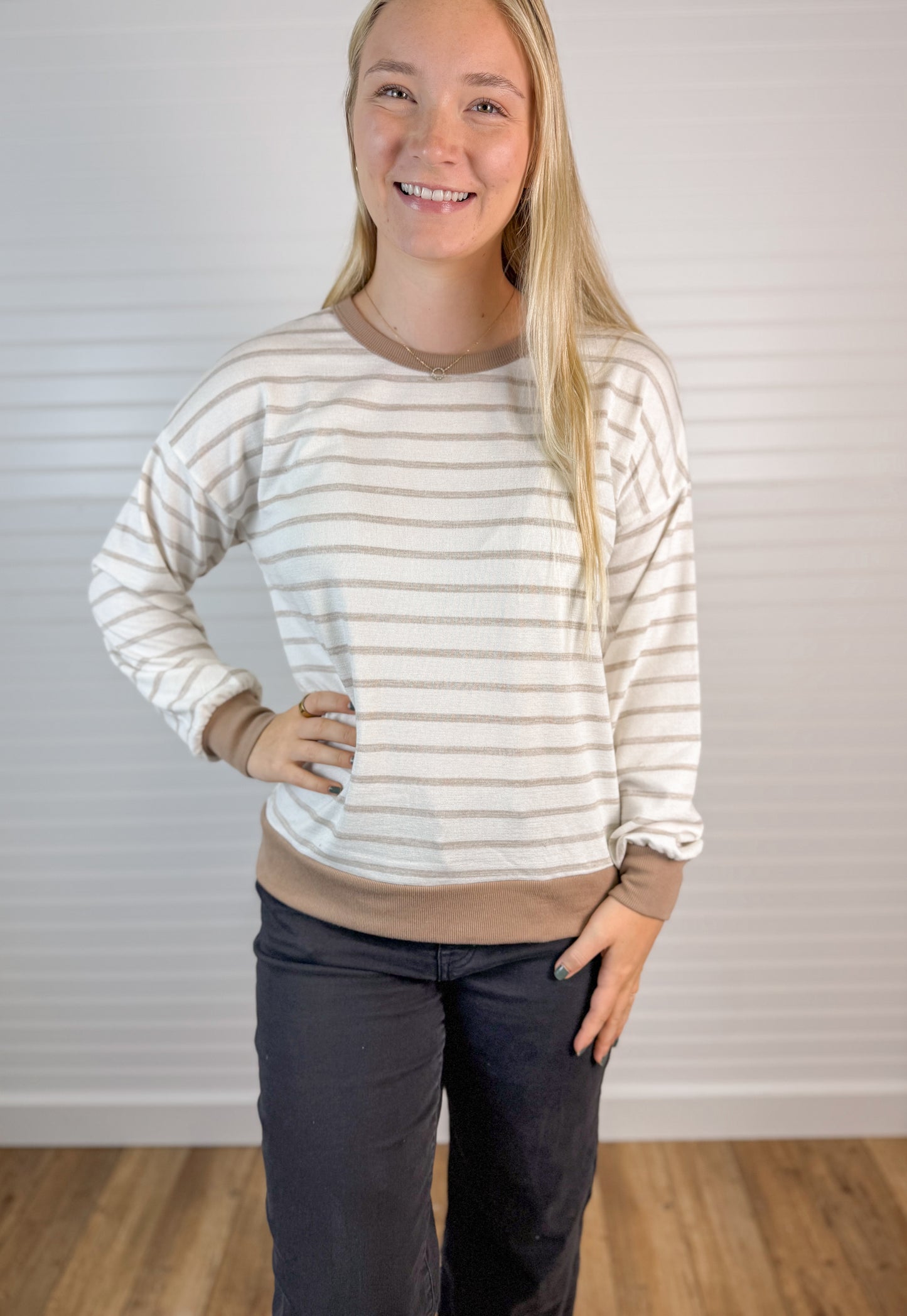 Striped Knit Long Sleeve Top - Mocha/Ivory