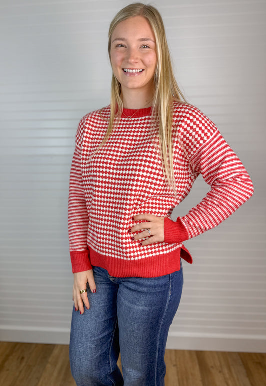 Checkerboard Cozy Sweater - Red