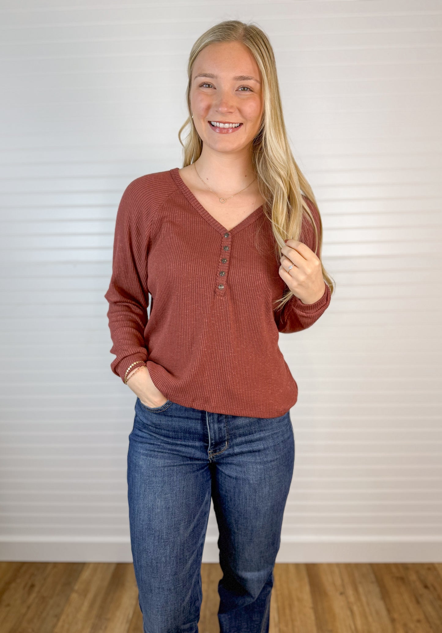 V-Neck Long Sleeve Henley - Burgundy