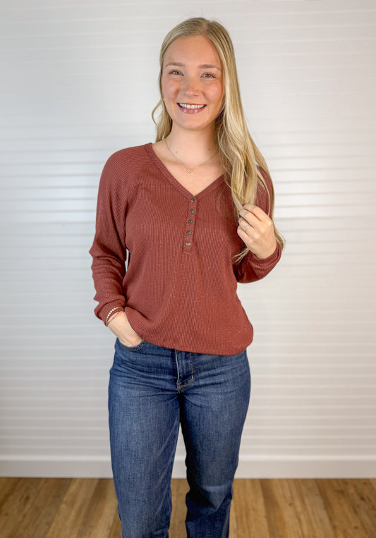 V-Neck Long Sleeve Henley - Burgundy