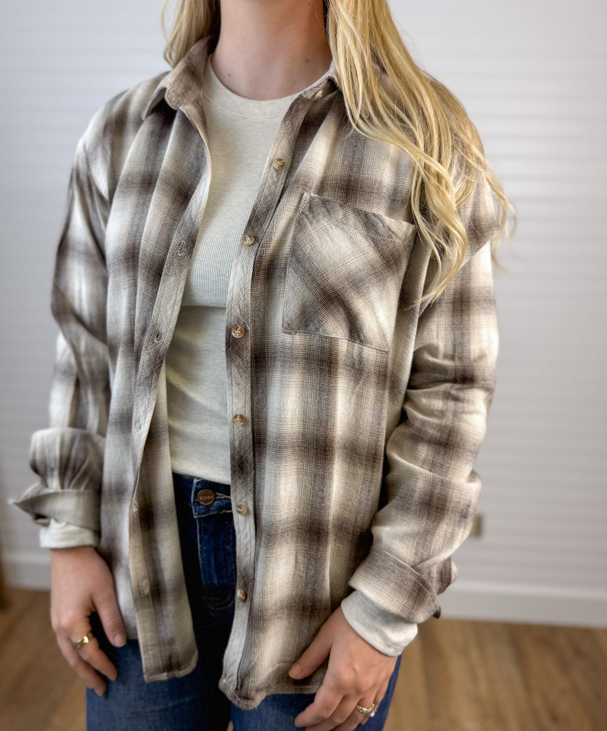 Vintage Cotton Plaid Flannel Top - Brown/Ivory
