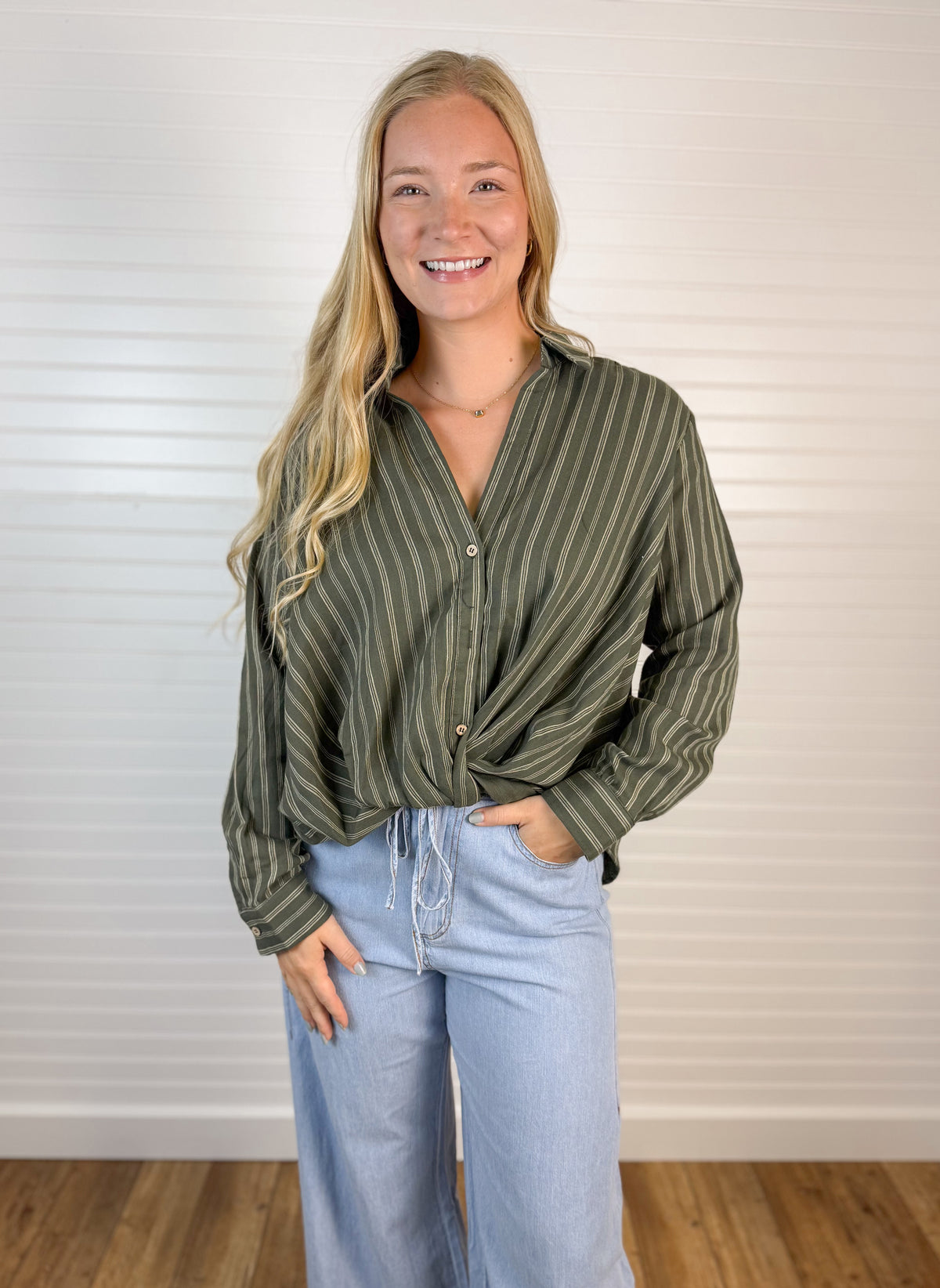 Striped Front Twist Top - Hunter