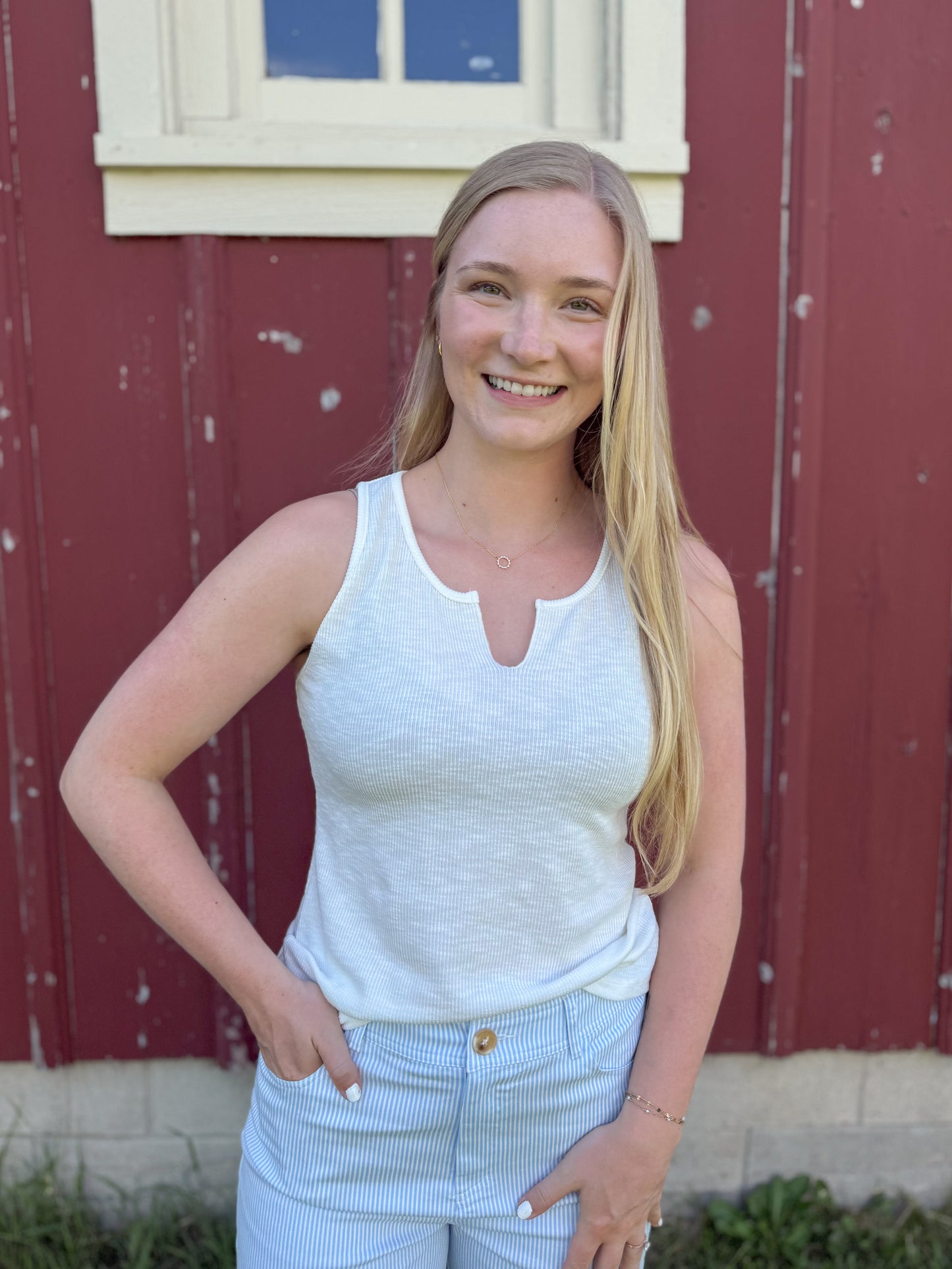 Ribbed Knit Notch Tank Top - Ivory
