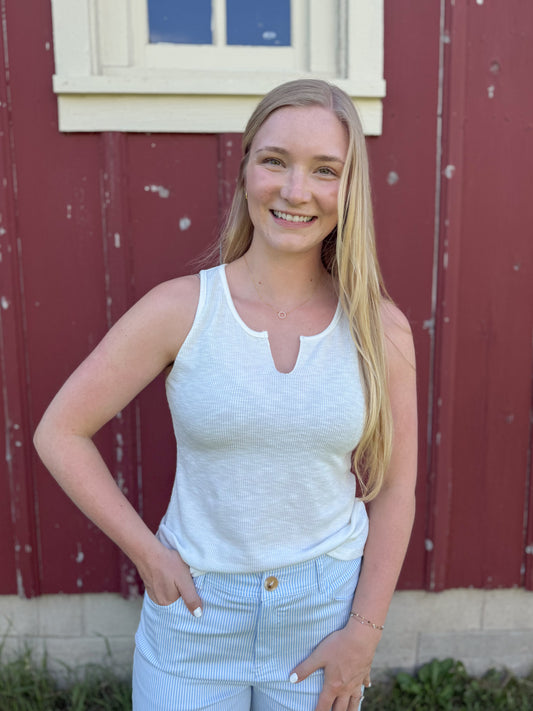 Ribbed Knit Notch Tank Top - Ivory