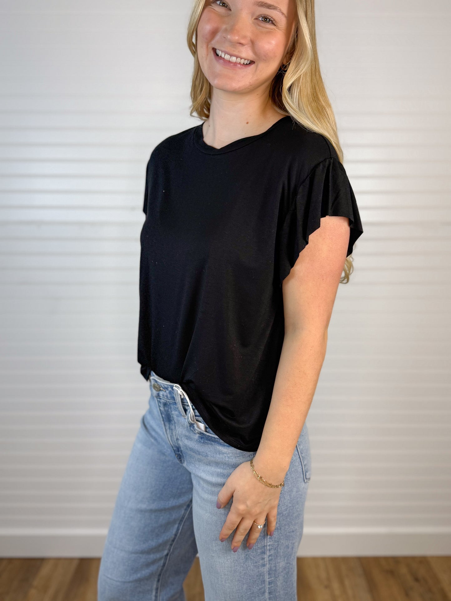 Soft Ruffle Short Sleeve Top - Black